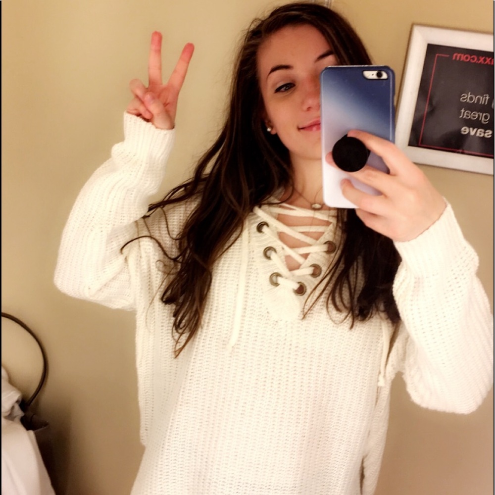 Lace up white sweater